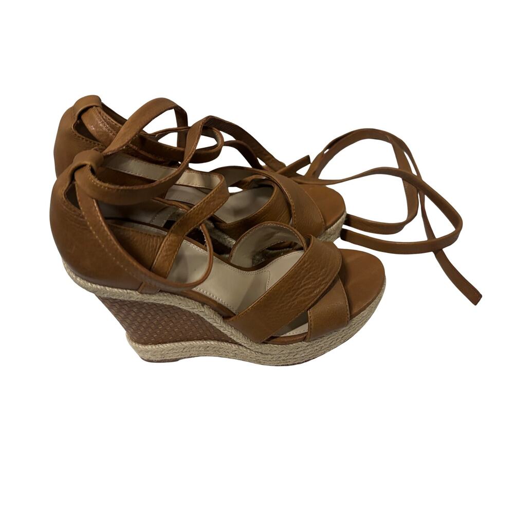 PAIGE Brown Leather Wedge Sandals Lace Up Espadrille Platform Womens Size 6